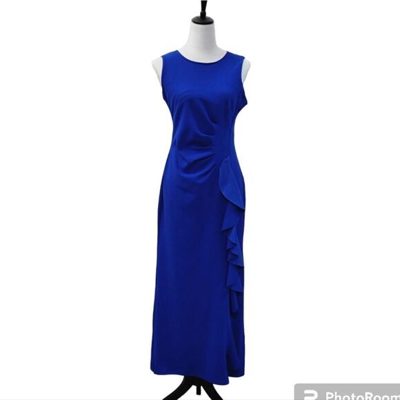 Alexa B Solid Blue Sleeveless Maxi Dress Ruffle Open Leg Back Zipper Size 8 - Picture 1 of 9